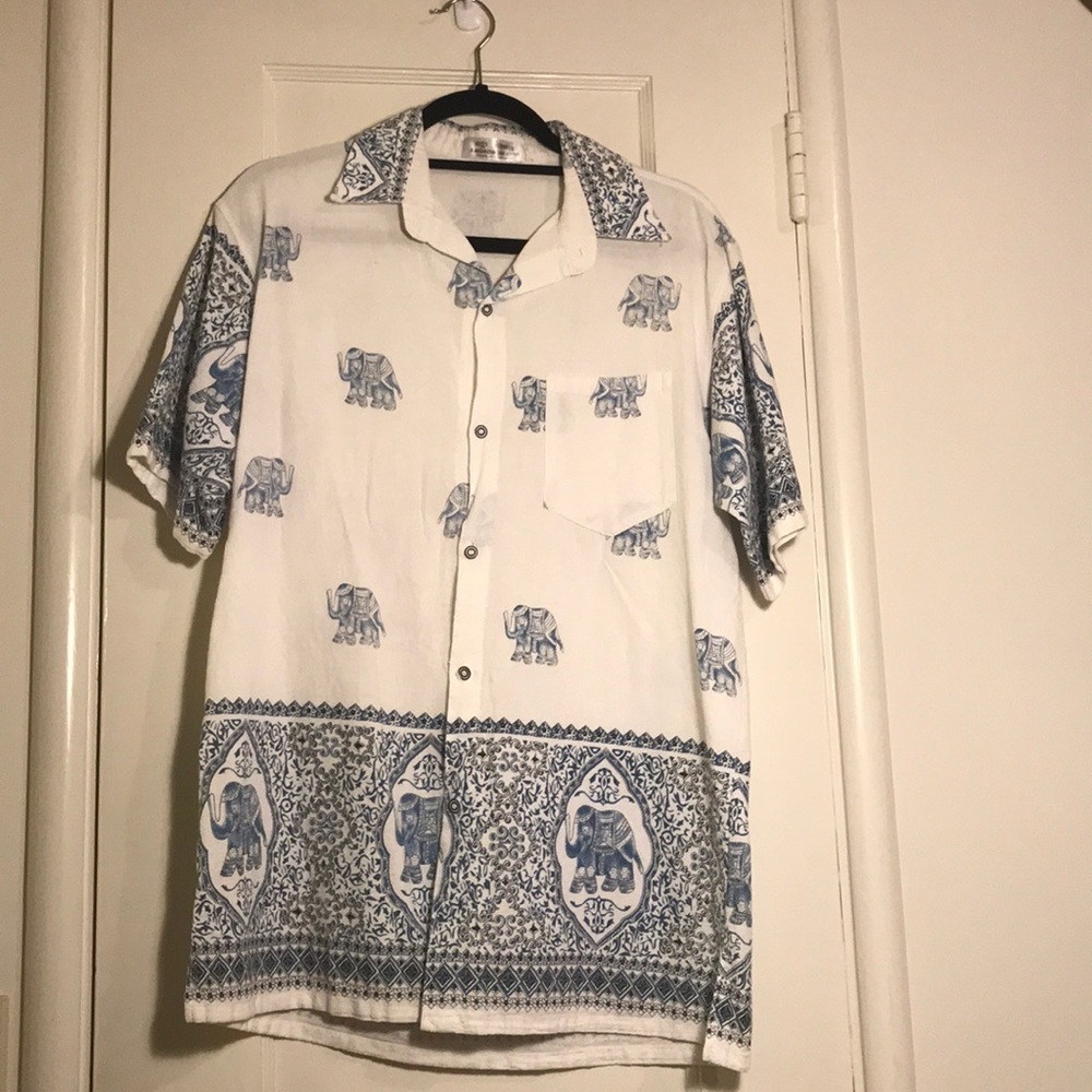 White and Blue Cambodian Elephant Shirt